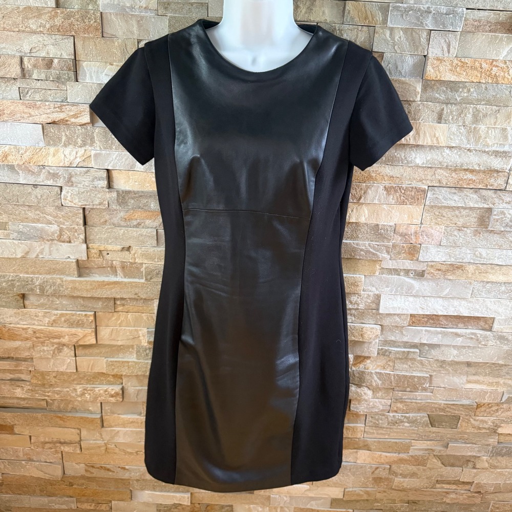 Danier Black Genuine Italian Leather Panel Sheath Dress Short Sleeve Mixed Media